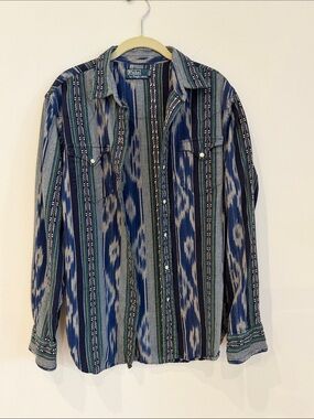 Polo by Ralph Lauren Blue, Navy & Green Ikat Stripe Western Shirt